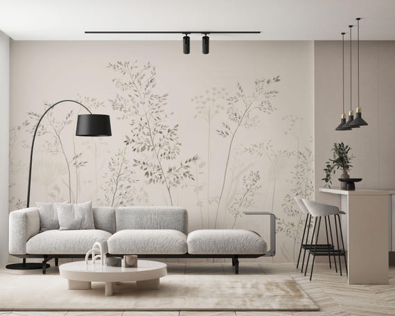 Soft botanical wallpaper in a contemporary room